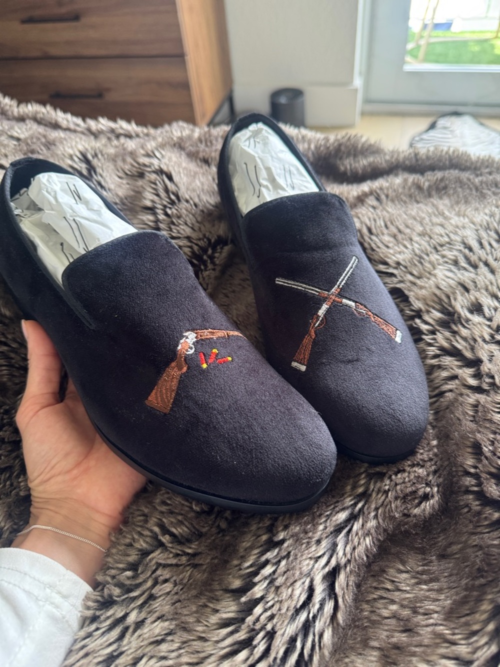 Men's May Anthony Black velvet Embroidered Loafers with Shotgun Motif